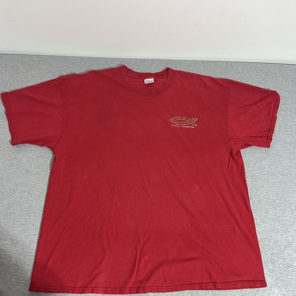 Vintage Jesus Shirt Men XXL "Love All Worship One" Red Christian Religious